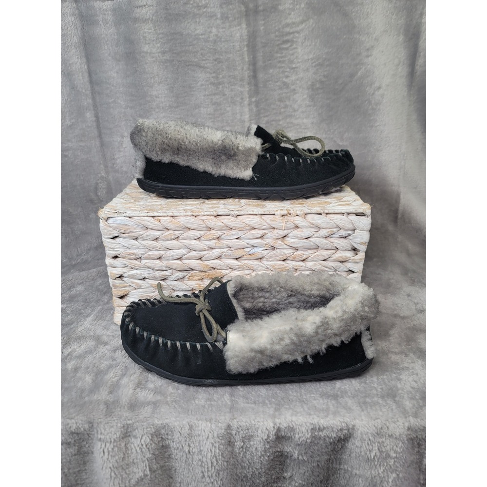 LL Bean Wicked Good Moccasins Shearling Slippers Black Suede Womens 8 Heritage